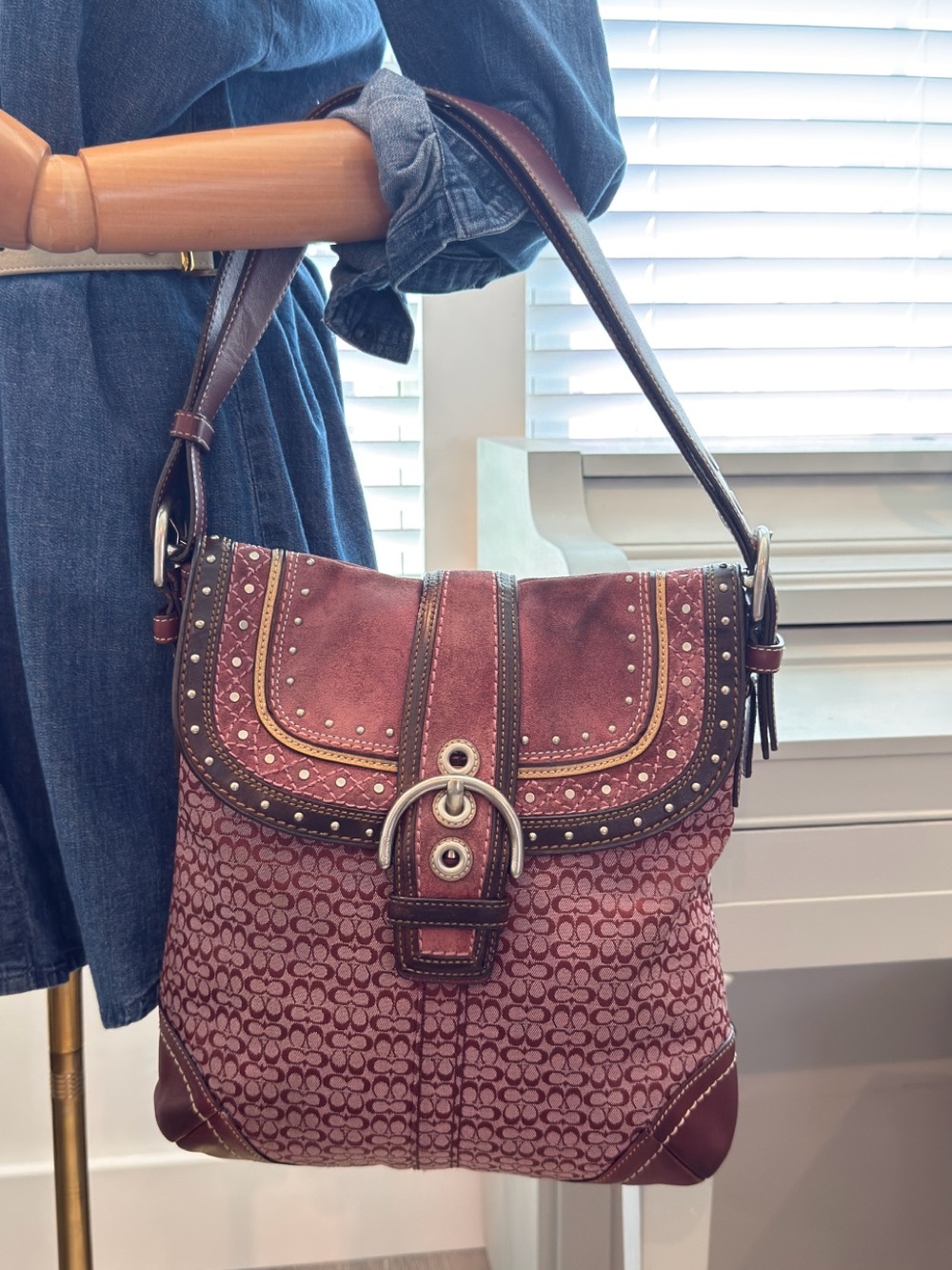 Authentic Y2K Coach SoHo Studded Signature Jacquard Convertible Shoulder Bag